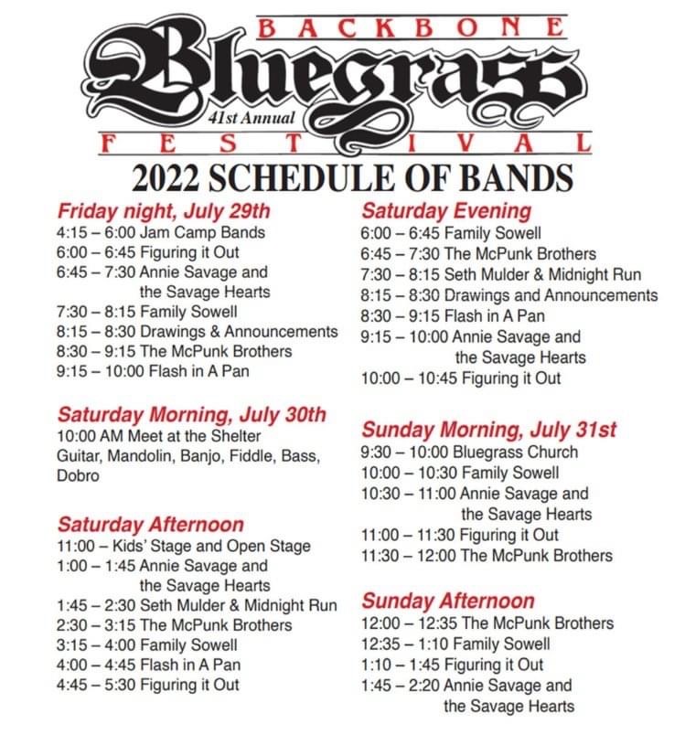 Backbone Bluegrass Festival Schedule